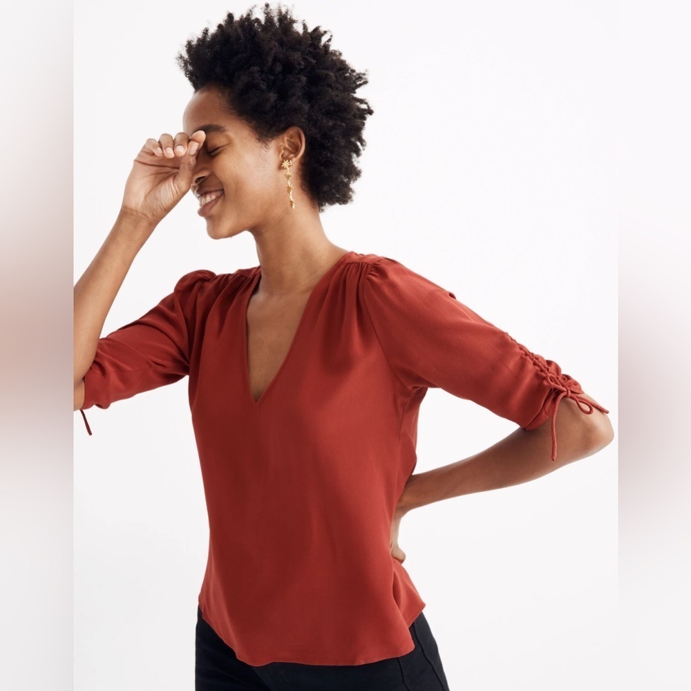 Madewell Silk Cinch-Sleeve Top in rusted red